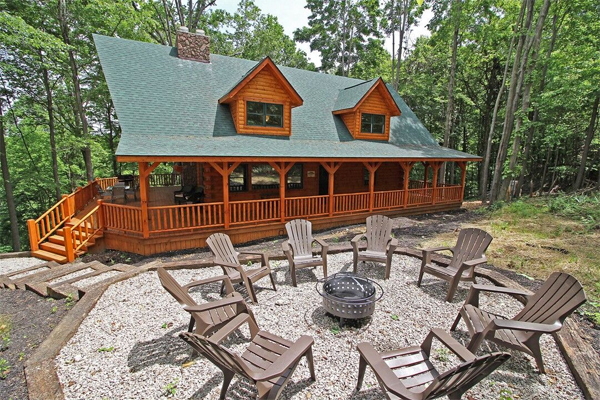 log cabin with fire pit