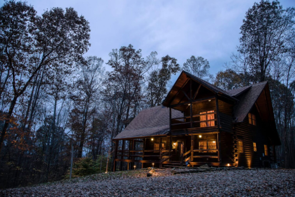 Serene atmosphere of the log cabin exterior