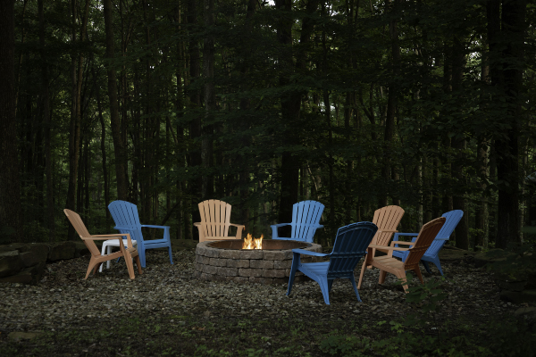fire pit at dusk and outdoor seating