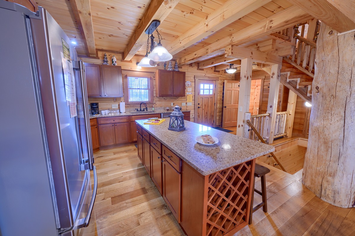 Rustic log cabin kitchen with a cozy ambiance