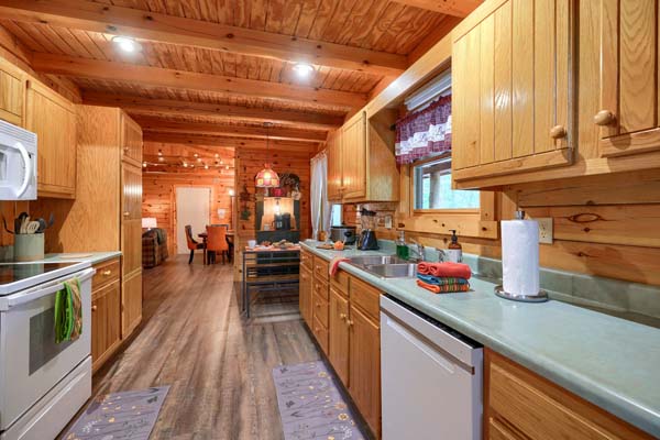 Traditional log cabin kitchen with modern appliances