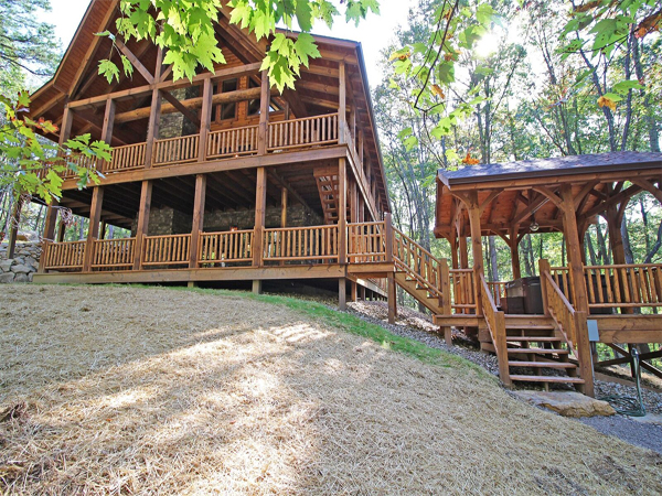 cabin side view, hot tub deck