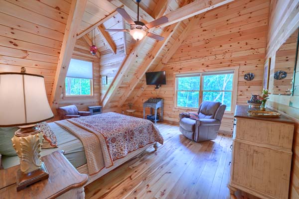 bedroom, windows, open ceiling, ceiling fan, drawers