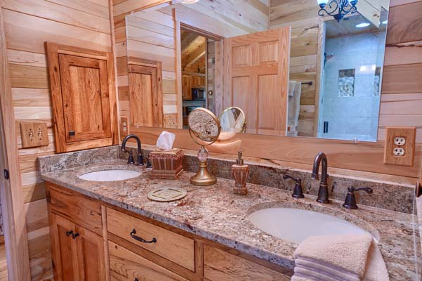 rustic bathroom with double sink