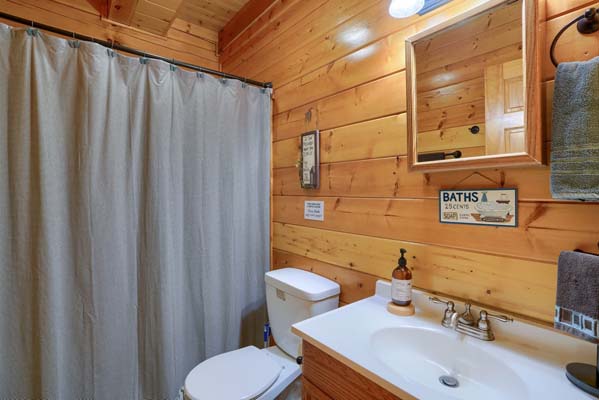 Rustic log cabin bathroom with wood accents