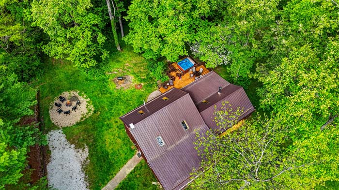 Cozy countryside cabin surrounded by trees