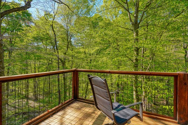Rustic log cabin deck overlooking nature