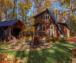 a frame cabin in the woods