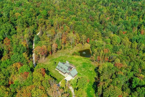 cabin in the woods drone view