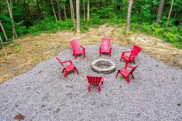 red chairs and firepit