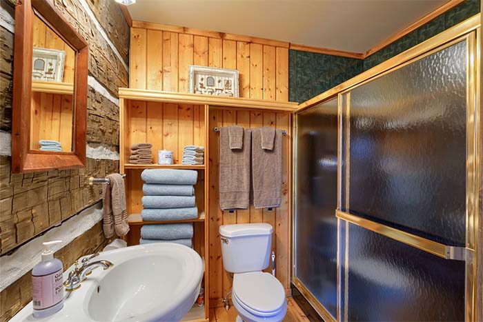 Rustic log cabin bathroom with wood accents