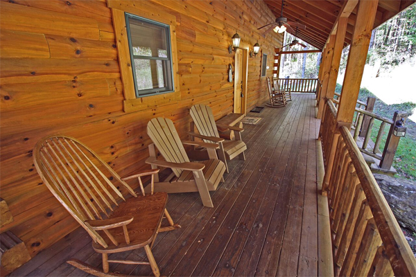 Scenic log cabin deck overlooking nature