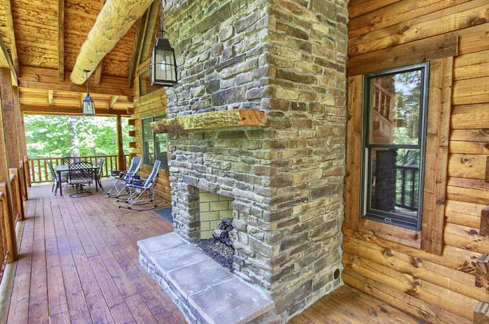 stone fireplace on deck